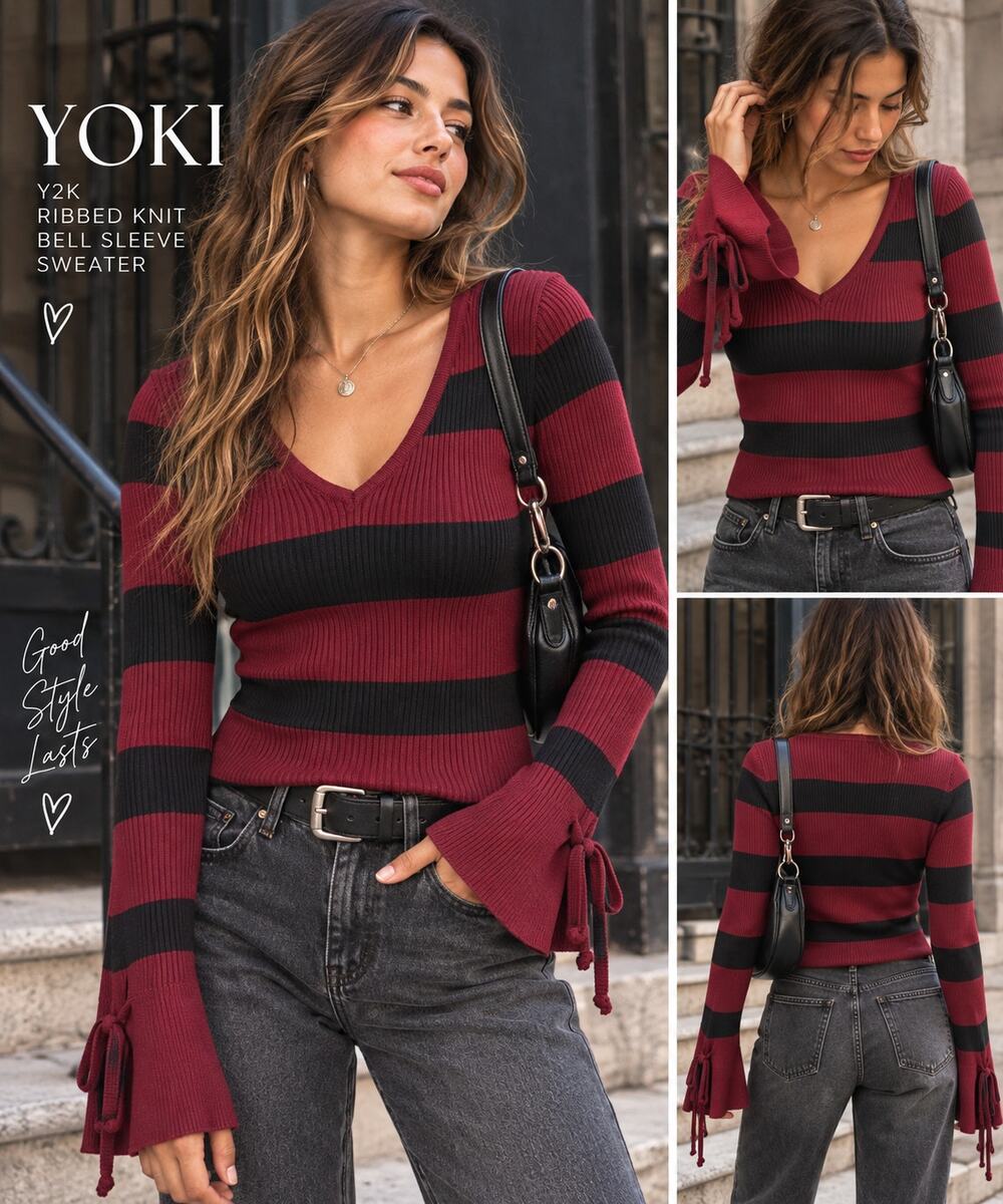 3/$15 ✨ Yoki Y2K Burgundy Black Striped Ribbed Bell Sleeve Tie Cuff Sweater L